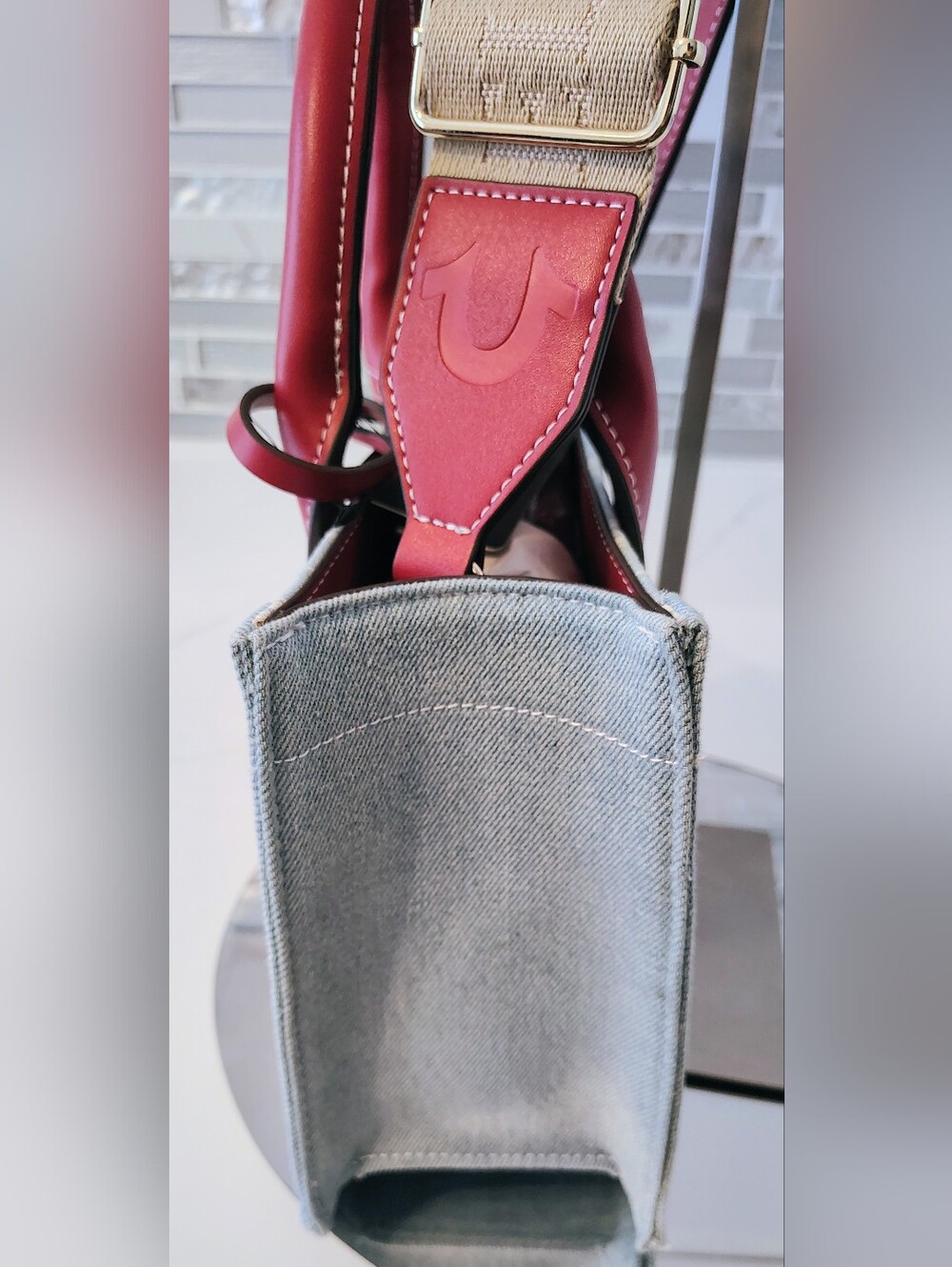 NWT True Religion Denim Tote Bag - Red Leather Trim - Picture 6 of 7